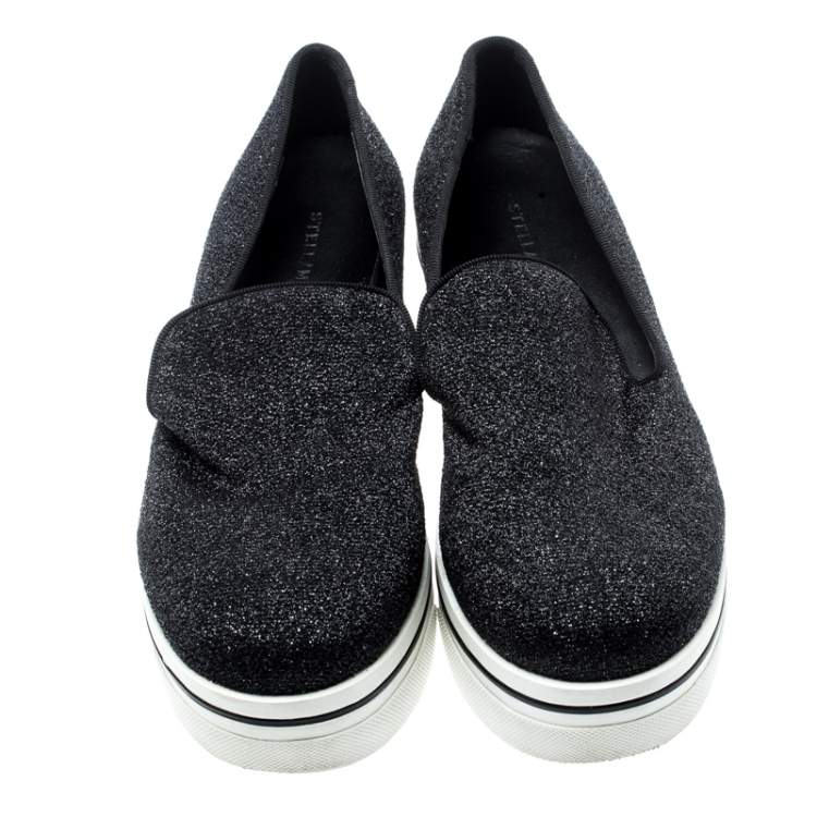 Pre Owned Stella McCartney Black Glitter Binx Platform Slip On Skate Shoes Size 39