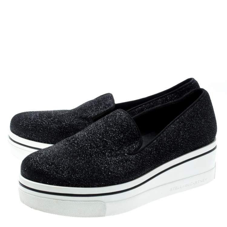 Pre Owned Stella McCartney Black Glitter Binx Platform Slip On Skate Shoes Size 39