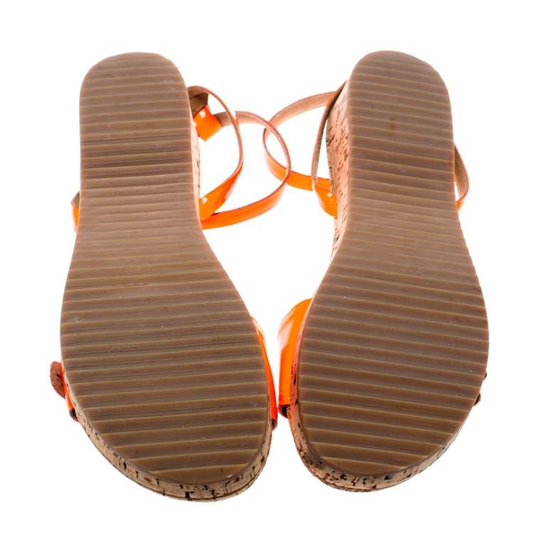 Pre Owned Stella McCartney Neon Orange Faux Leather Linda Ankle Strap Flat Sandals Size 35