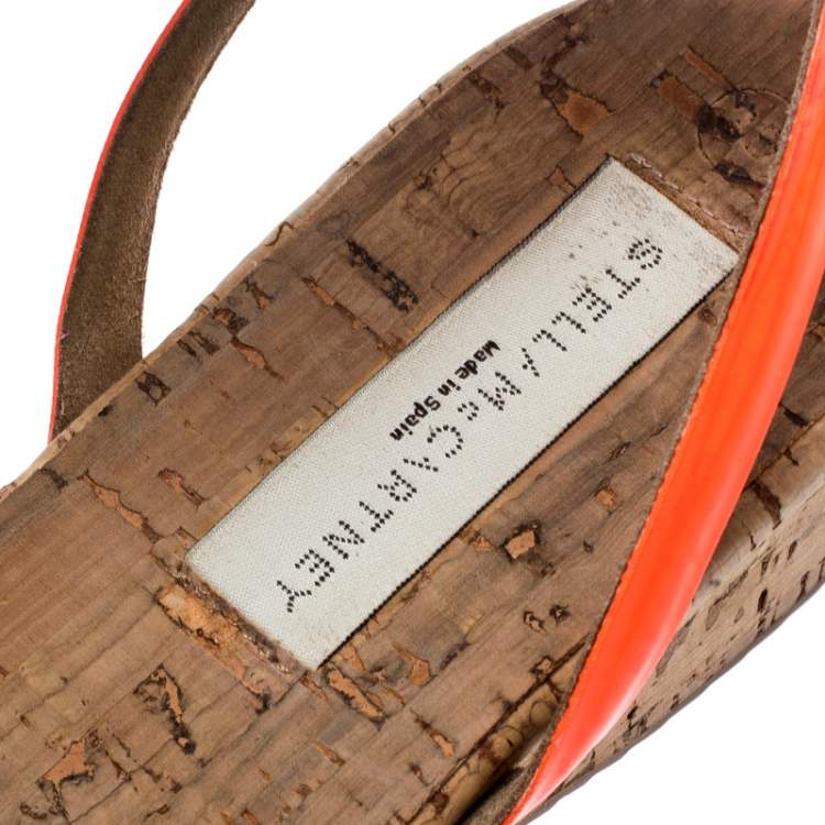 Pre Owned Stella McCartney Neon Orange Faux Leather Linda Ankle Strap Flat Sandals Size 35