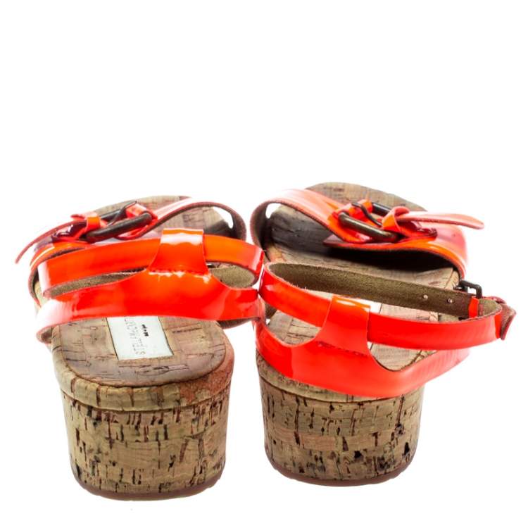 Pre Owned Stella McCartney Neon Orange Faux Leather Linda Ankle Strap Flat Sandals Size 35