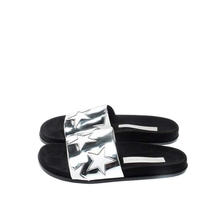 Pre Owned Stella McCartney Metallic Silver/White Leather Star Flat Slides Size 38