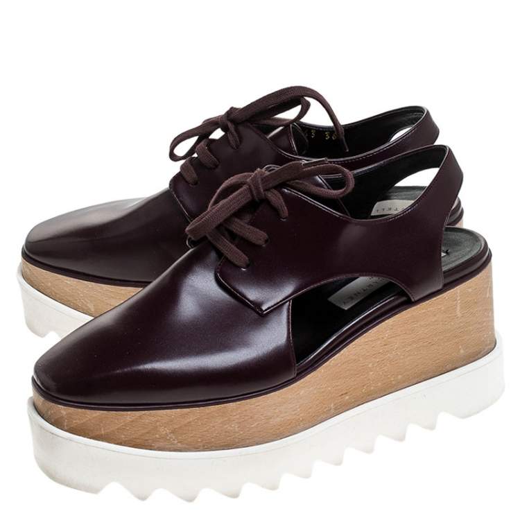 Pre Owned Stella McCartney Burgundy Faux Leather Elyse Cut Out Platform Derby Sneakers Size 36