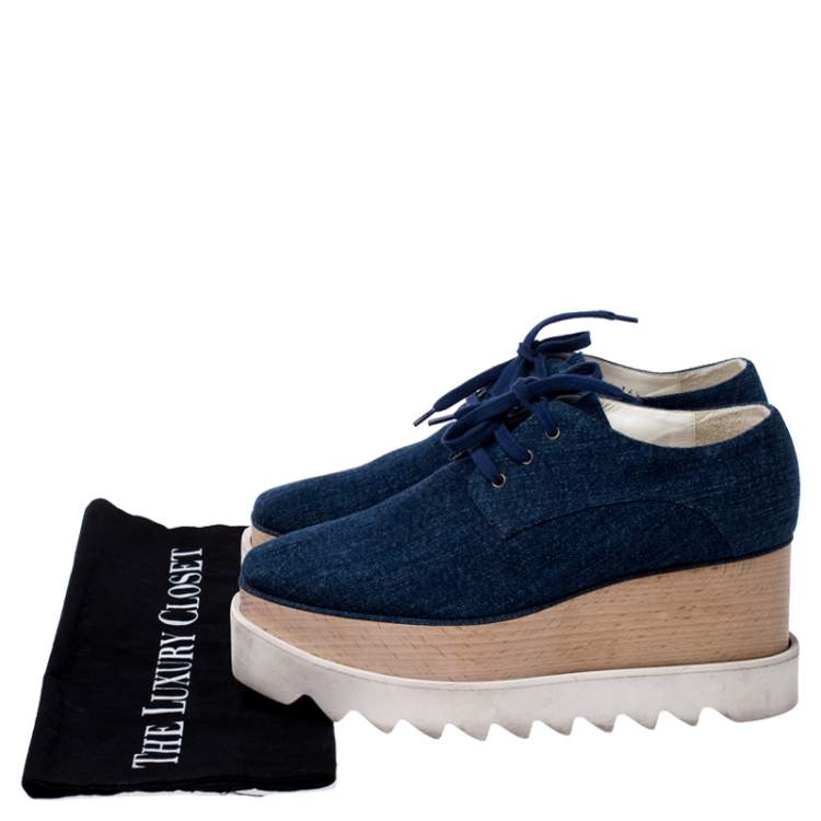 Pre Owned Stella McCartney Blue Denim Fabric Elyse Platform Derby Size 36.5