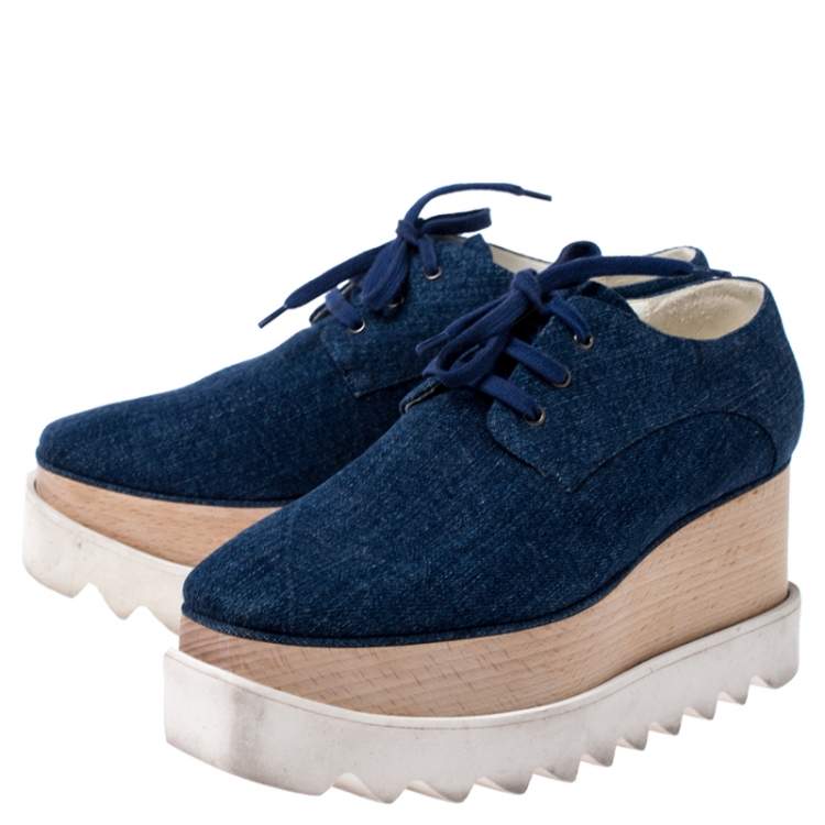 Pre Owned Stella McCartney Blue Denim Fabric Elyse Platform Derby Size 36.5