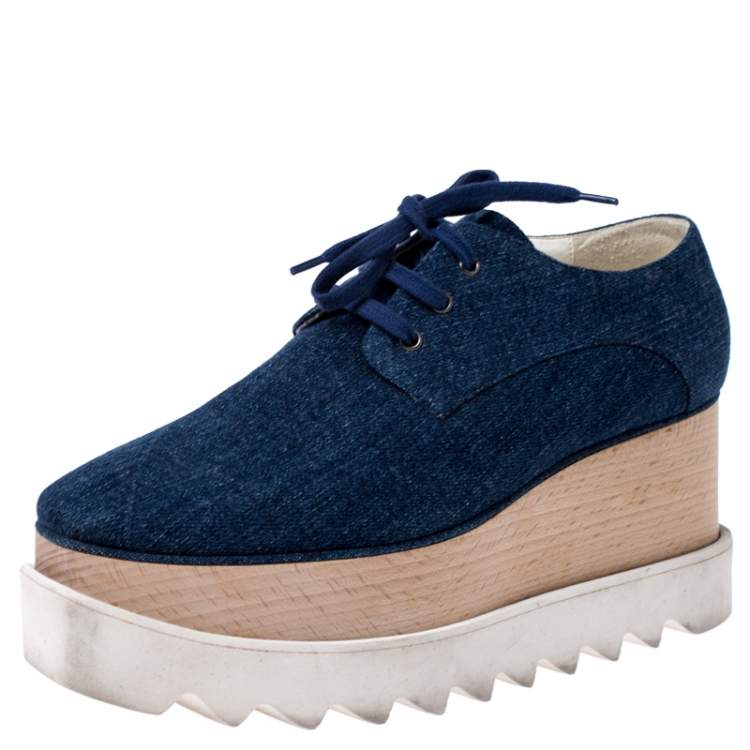 Pre Owned Stella McCartney Blue Denim Fabric Elyse Platform Derby Size 36.5