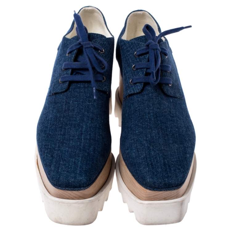 Pre Owned Stella McCartney Blue Denim Fabric Elyse Platform Derby Size 36.5
