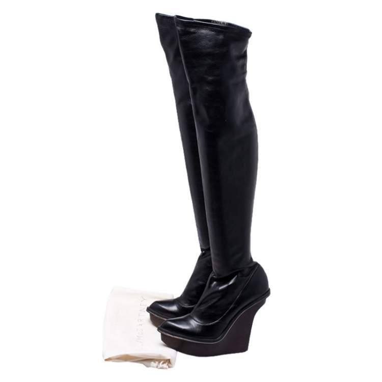 Pre Owned Stella McCartney Black Faux Leather Platform Over the Knee Boots Size 39