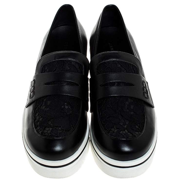 Pre Owned Stella McCartney Black Faux Leather and Lace Binx Platform Slip On Sneakers Size 38