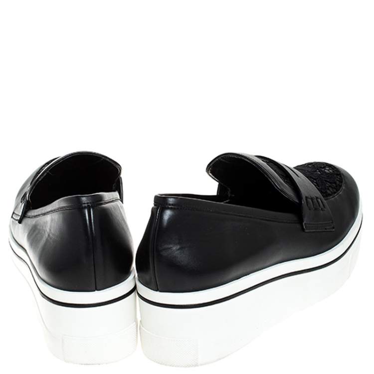 Pre Owned Stella McCartney Black Faux Leather and Lace Binx Platform Slip On Sneakers Size 38