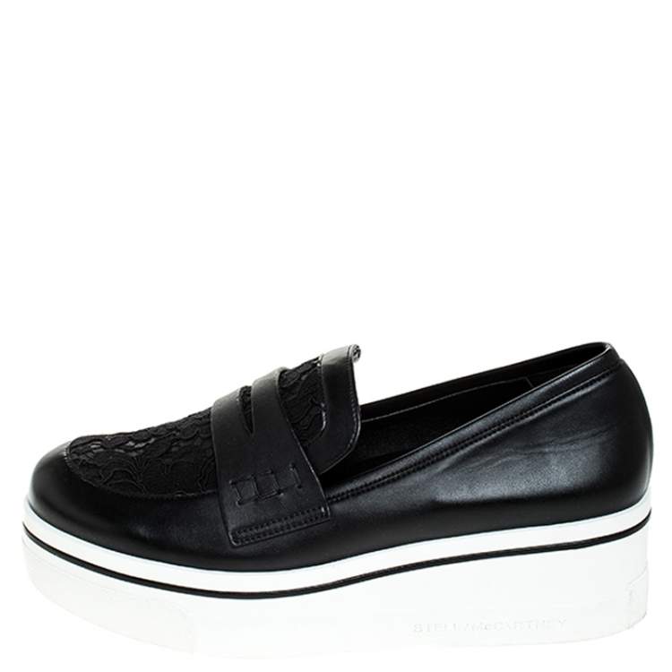 Pre Owned Stella McCartney Black Faux Leather and Lace Binx Platform Slip On Sneakers Size 38