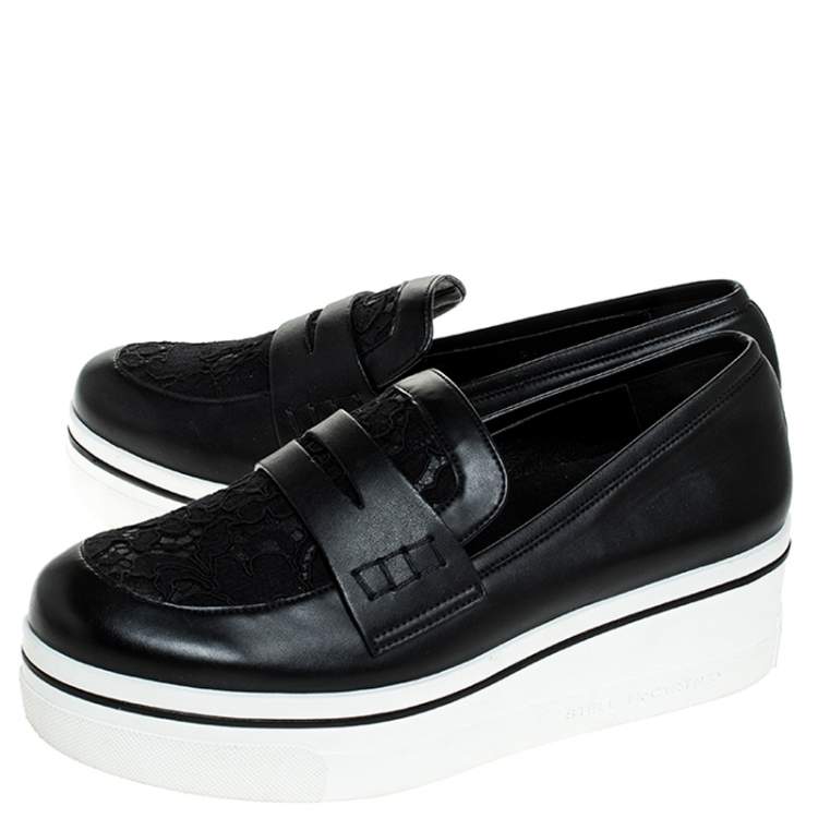 Pre Owned Stella McCartney Black Faux Leather and Lace Binx Platform Slip On Sneakers Size 38