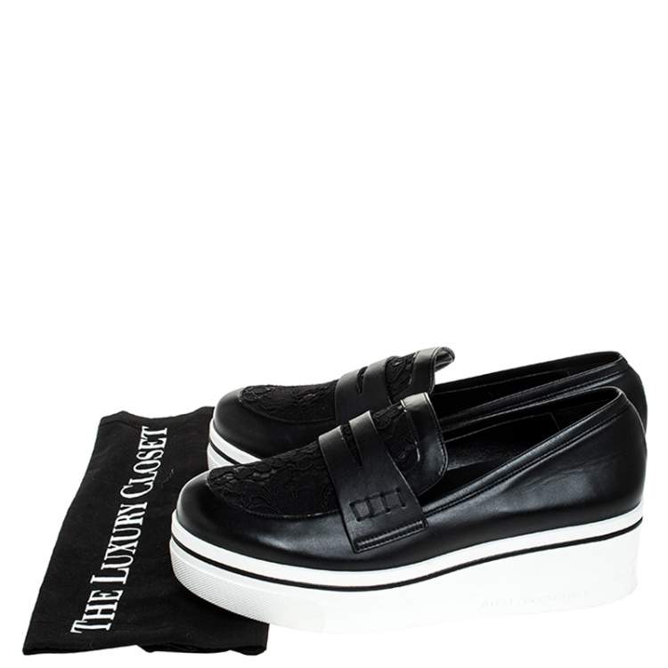 Pre Owned Stella McCartney Black Faux Leather and Lace Binx Platform Slip On Sneakers Size 38