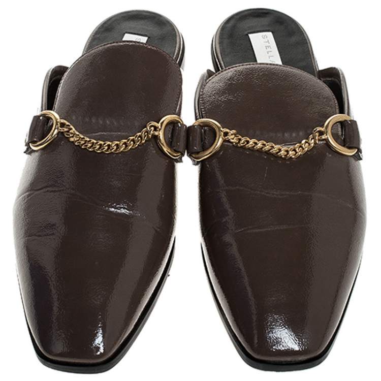 Pre Owned Stella McCartney Dark Beige Faux Leather Chain Slide Mules Size 38
