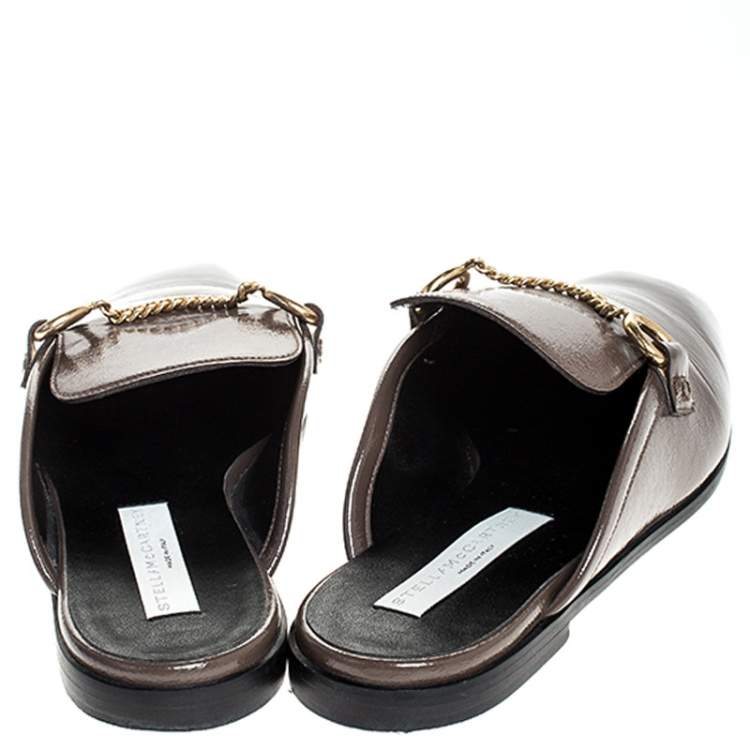 Pre Owned Stella McCartney Dark Beige Faux Leather Chain Slide Mules Size 38