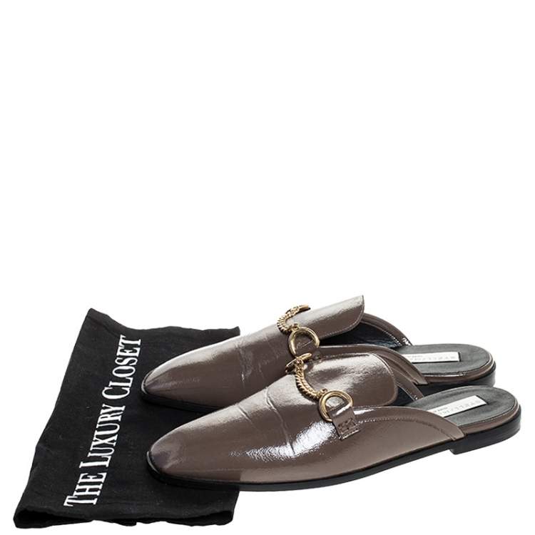 Pre Owned Stella McCartney Dark Beige Faux Leather Chain Slide Mules Size 38