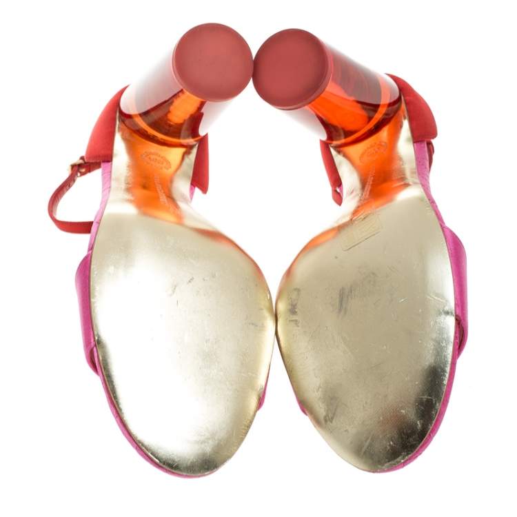 Pre Owned Stella McCartney Red/Pink Satin Lucite Block Heel Ankle Strap Sandals Size 38.5