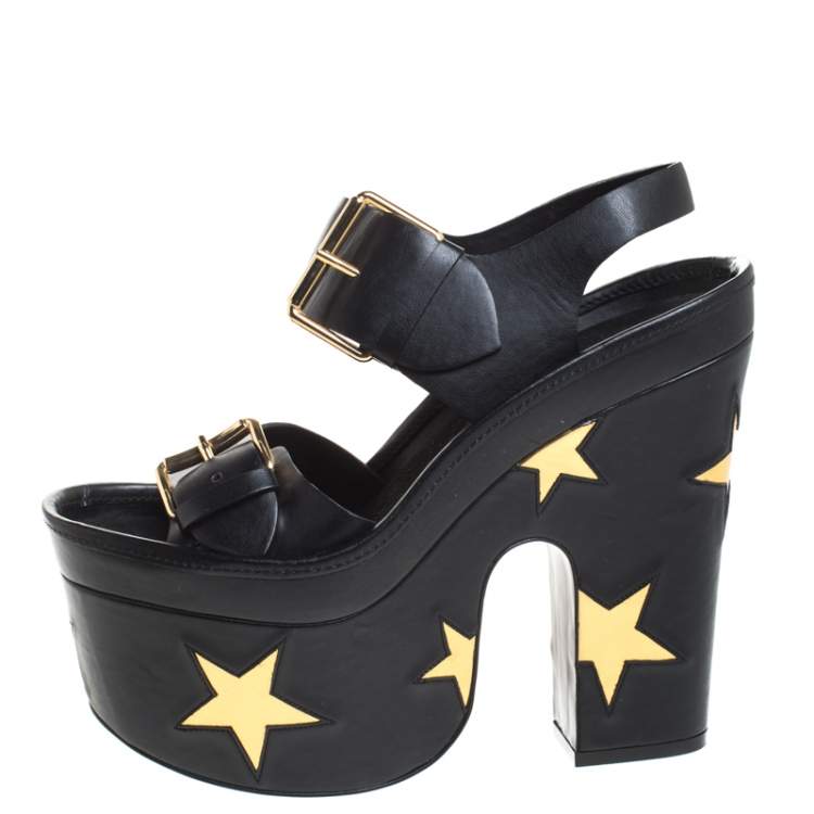 Pre Owned Stella McCartney Black Faux Leather Buckle Block Heel Star Platform Sandals Size 37