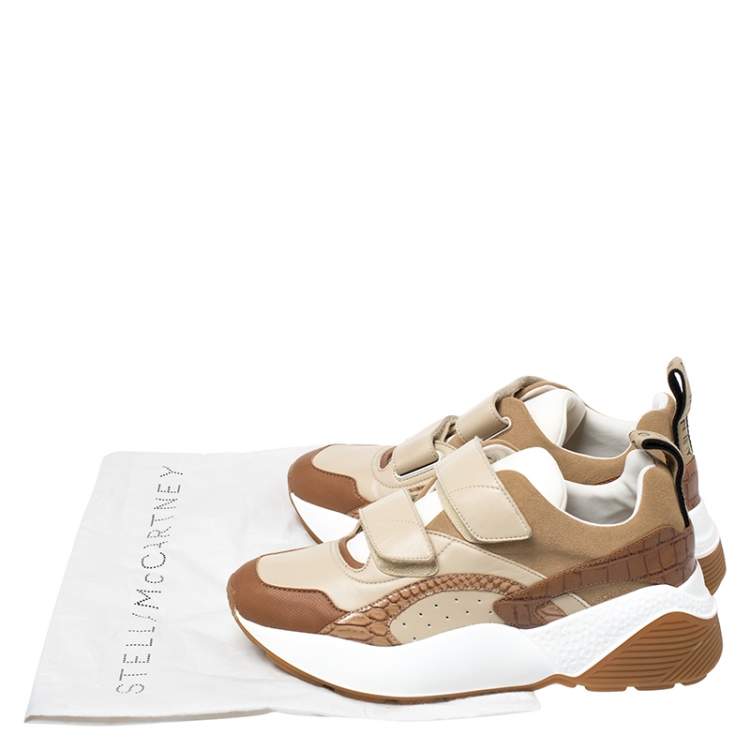 مملوكة مسبقًا Stella McCartney Beige/Brown Fabric And Faux Leather Eclypse Velcro Sneakers Size 40