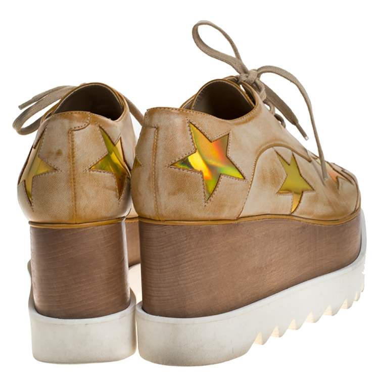 Pre Owned Stella McCartney Beige Brushed Faux Leather Elyse Star Platform Lace Up Derby Size 36.5