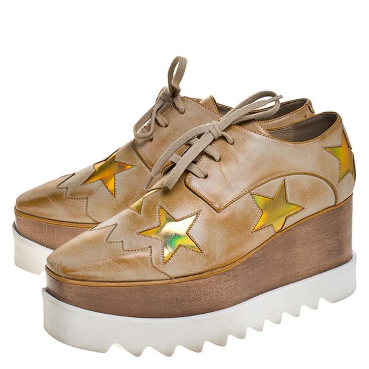 Pre Owned Stella McCartney Beige Brushed Faux Leather Elyse Star Platform Lace Up Derby Size 36.5