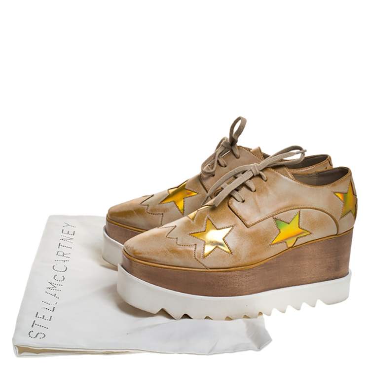 Pre Owned Stella McCartney Beige Brushed Faux Leather Elyse Star Platform Lace Up Derby Size 36.5