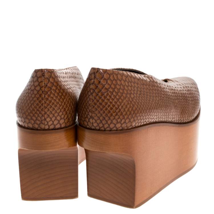 Pre Owned Stella McCartney Brown Python Embossed Faux Leather Wooden Clog Sandals Size 39