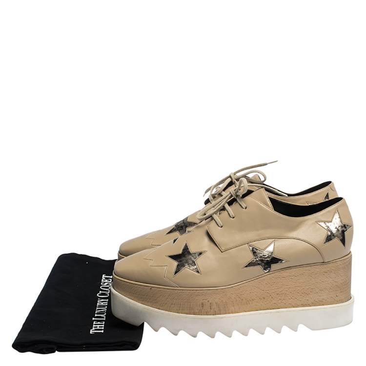 Pre Owned Stella McCartney Beige Faux Leather Elyse Star Platform Lace Up Derby Size 41