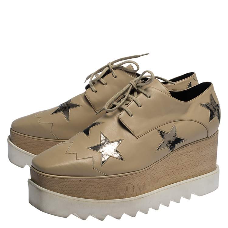 Pre Owned Stella McCartney Beige Faux Leather Elyse Star Platform Lace Up Derby Size 41