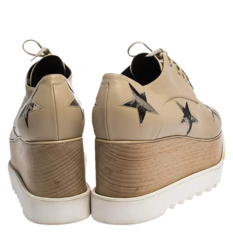 Pre Owned Stella McCartney Beige Faux Leather Elyse Star Platform Lace Up Derby Size 41