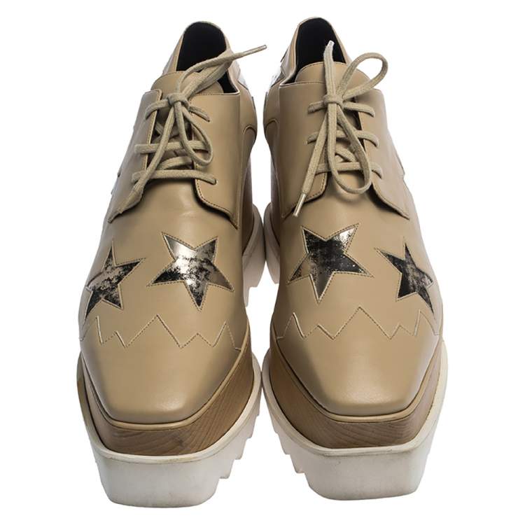 Pre Owned Stella McCartney Beige Faux Leather Elyse Star Platform Lace Up Derby Size 41