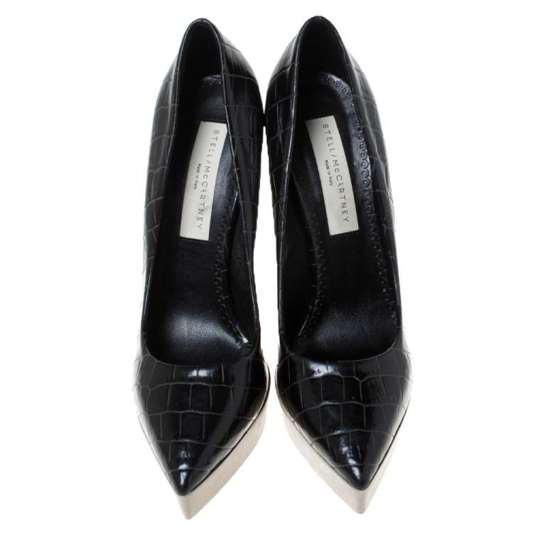 Pre Owned Stella McCartney Black Faux Croc Embossed Leather Platform Pumps Size 38.5