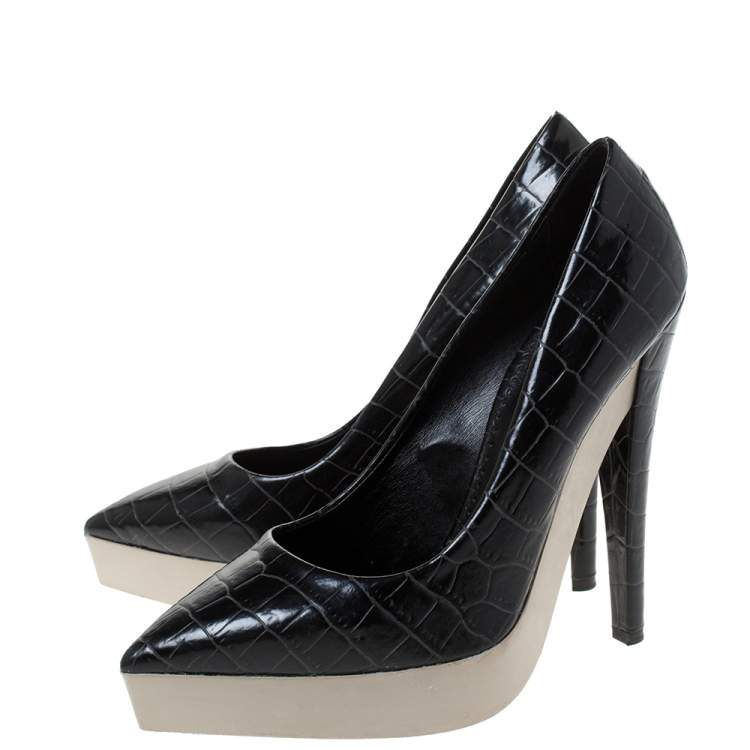 Pre Owned Stella McCartney Black Faux Croc Embossed Leather Platform Pumps Size 38.5