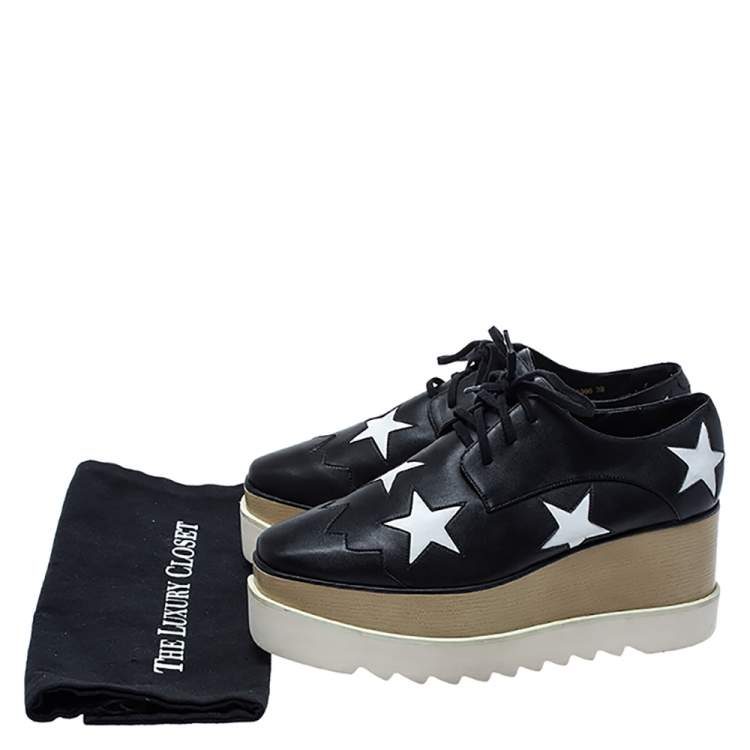Pre Owned Stella McCartney Black/White Faux Leather Elyse Star Platform Derby Size 39