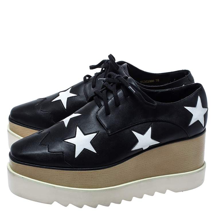 Pre Owned Stella McCartney Black/White Faux Leather Elyse Star Platform Derby Size 39