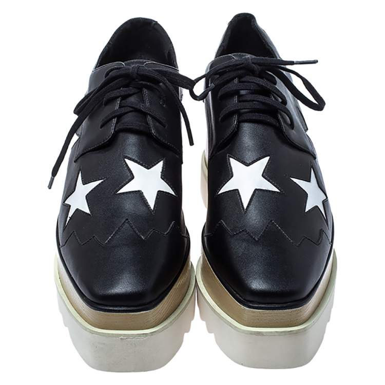 Pre Owned Stella McCartney Black/White Faux Leather Elyse Star Platform Derby Size 39