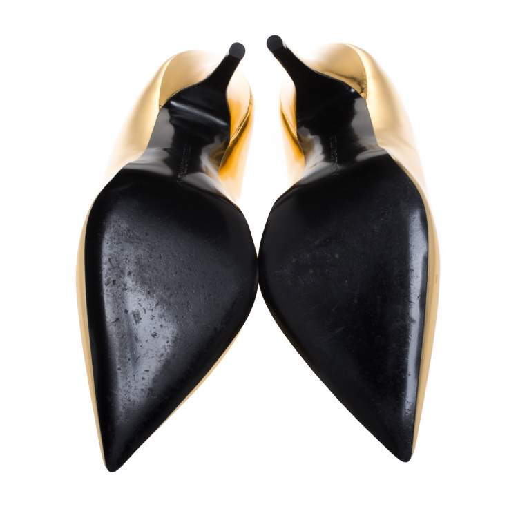 Pre Owned Stella McCartney Metallic Gold Faux Patent Leather V Neck Pointed Toe Pumps Size 38