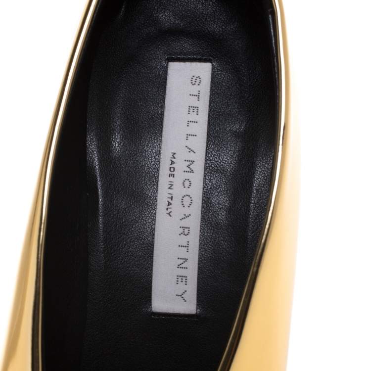 Pre Owned Stella McCartney Metallic Gold Faux Patent Leather V Neck Pointed Toe Pumps Size 38