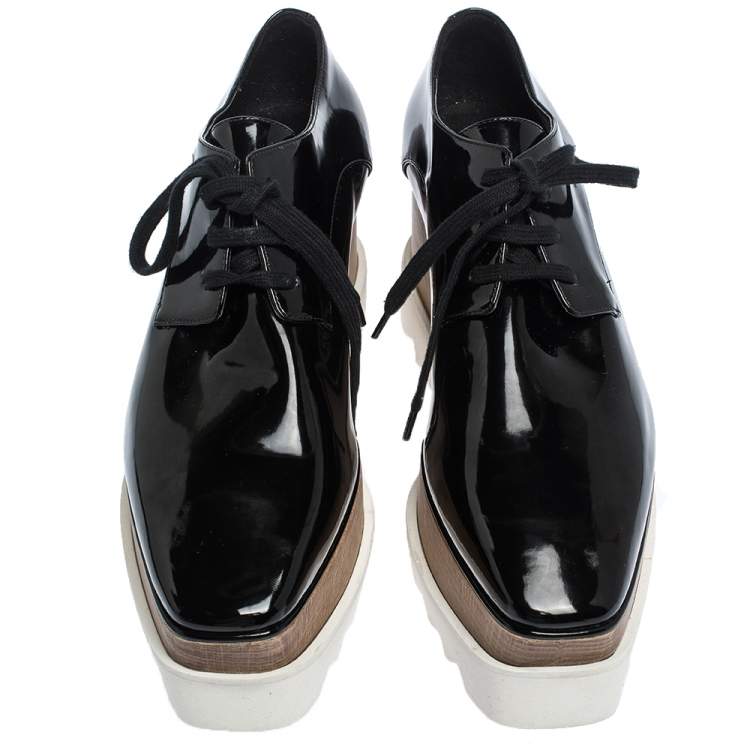 Pre Owned Stella McCartney Black Faux Patent Leather Elyse Platform Derby Size 37.5