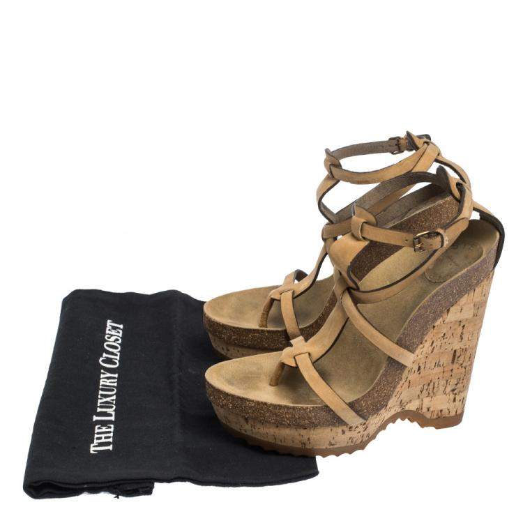 Pre Owned Stella McCartney Tan Faux Nubuck Demetra Cork Wedge Sandals Size 36.5