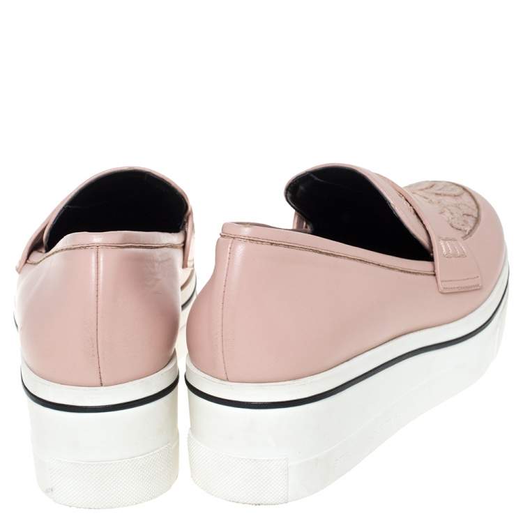 Pre Owned Stella McCartney Pink Faux Leather And Lace Penny Platform Loafers Size 38