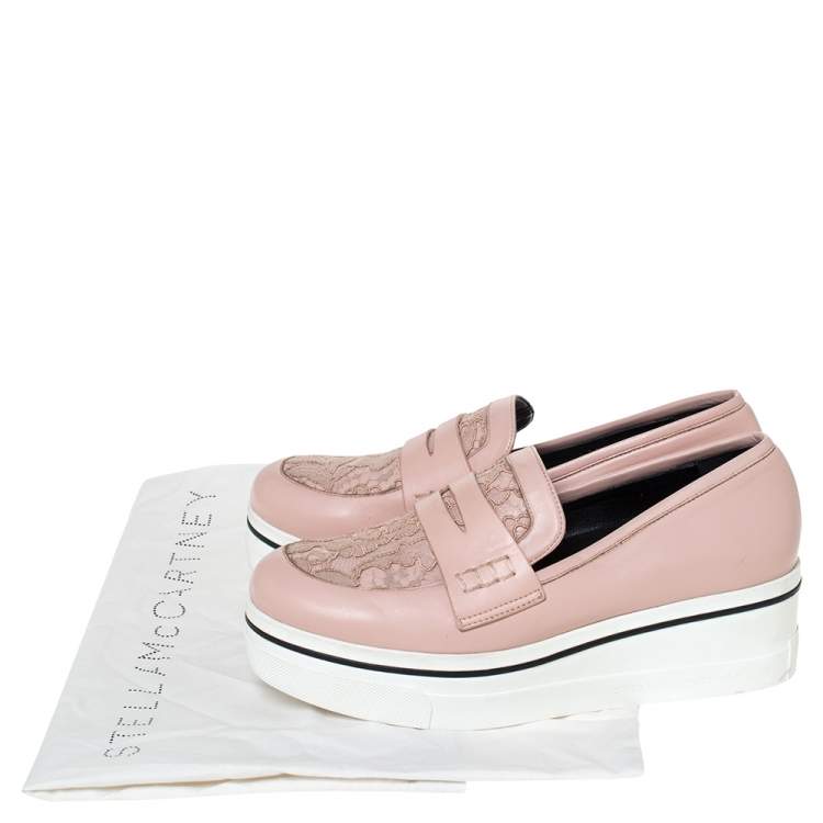 Pre Owned Stella McCartney Pink Faux Leather And Lace Penny Platform Loafers Size 38