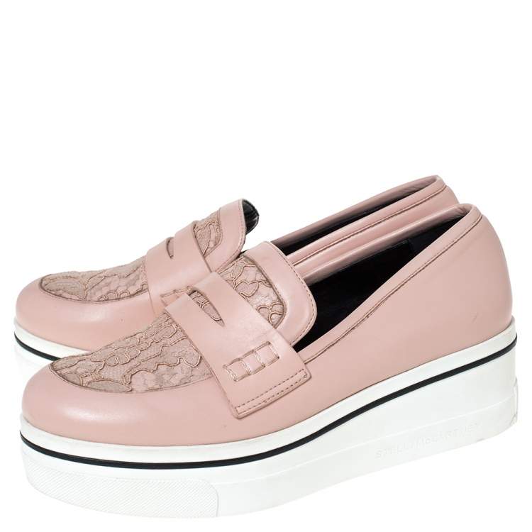 Pre Owned Stella McCartney Pink Faux Leather And Lace Penny Platform Loafers Size 38