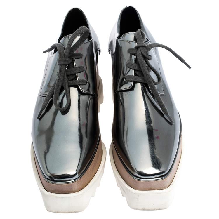Pre Owned Stella McCartney Metallic Silver Faux Leather Elyse Platform Low Top Sneakers Size 35.5 