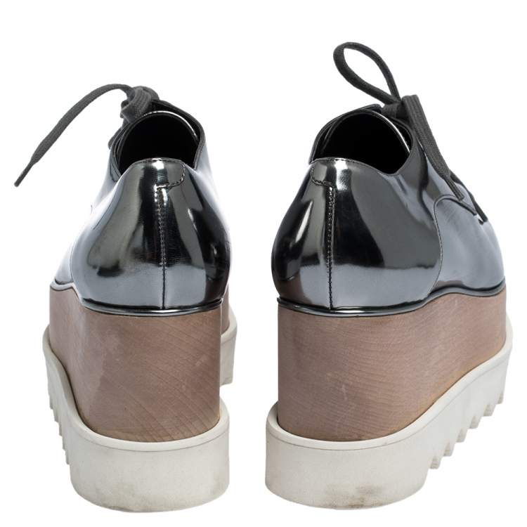 Pre Owned Stella McCartney Metallic Silver Faux Leather Elyse Platform Low Top Sneakers Size 35.5 