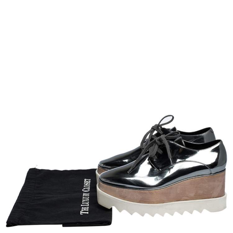 Pre Owned Stella McCartney Metallic Silver Faux Leather Elyse Platform Low Top Sneakers Size 35.5 