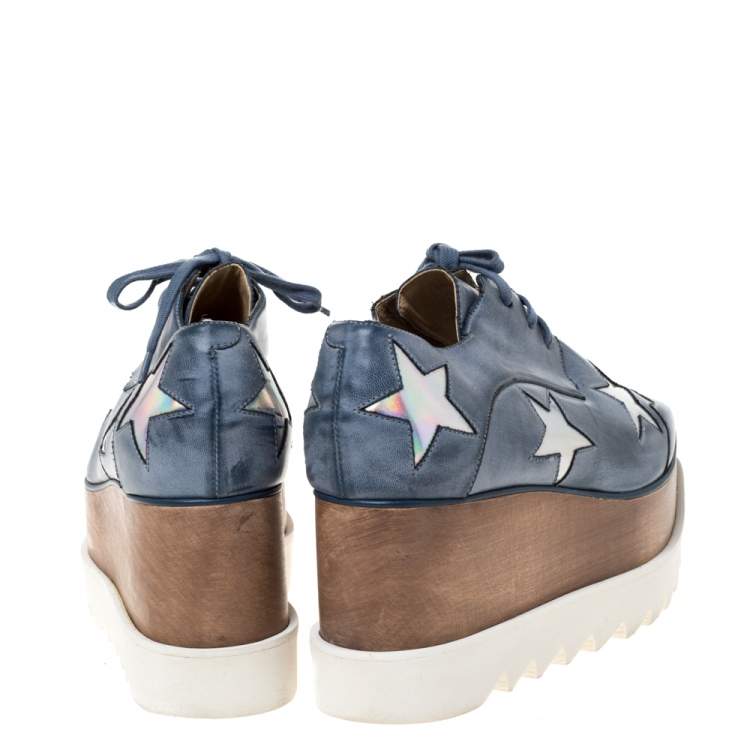 Pre Owned Stella McCartney Blue Faded Effect Faux Leather Elyse Star Platform Derby Size 37