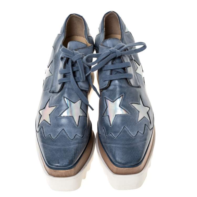 Pre Owned Stella McCartney Blue Faded Effect Faux Leather Elyse Star Platform Derby Size 37