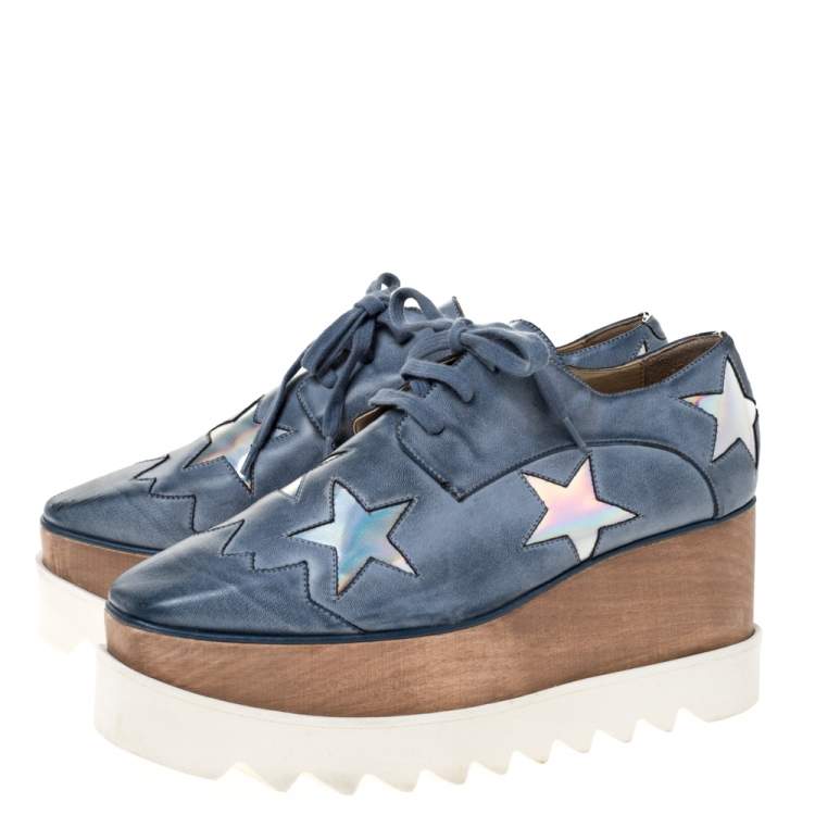 Pre Owned Stella McCartney Blue Faded Effect Faux Leather Elyse Star Platform Derby Size 37