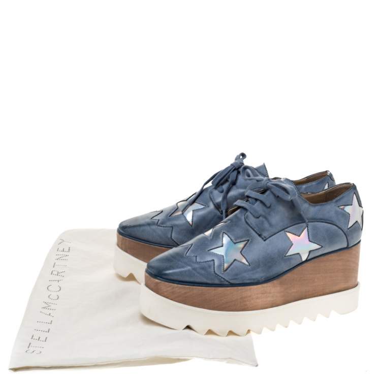 Pre Owned Stella McCartney Blue Faded Effect Faux Leather Elyse Star Platform Derby Size 37